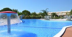 Piscina con fontana a fungo, circondata da palme e edifici bianchi in lontananza